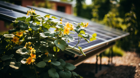 Solar panels, photovoltaic cells and flowers. Alternative energy sourceの素材