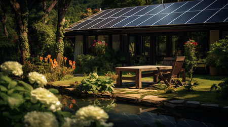 Solar panels in the garden with a wooden table and chairs on the lawn.の素材