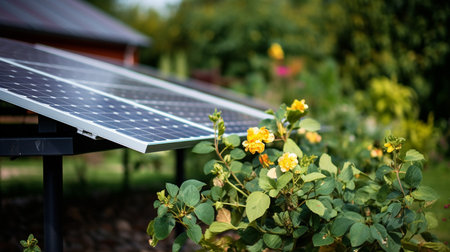 Solar panels installed on the roof of a house in the garden.の素材