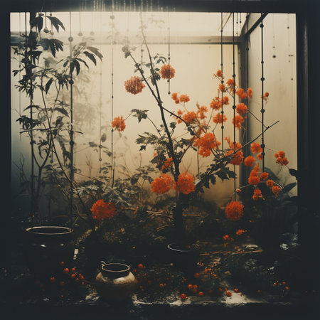 Vintage photo of flowers in a greenhouse. Selective focus.の素材
