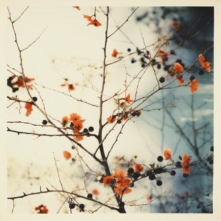 Vintage photo of a branch of a tree with autumn leaves.の素材