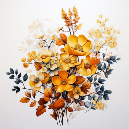 Autumn bouquet of flowers on white background. Flat lay, top view.の素材