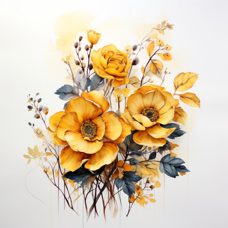 Autumn bouquet of yellow and blue flowers on a white backgroundの素材