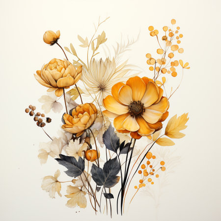 Bouquet of autumn flowers on a white background. Hand drawn illustration.の素材