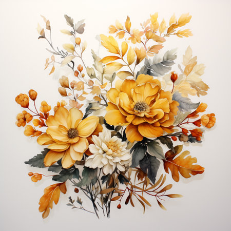 Autumn bouquet of flowers and leaves on white background. Flat lay, top view.の素材