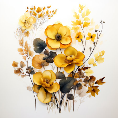 Autumn flowers bouquet on white background. Flat lay, top viewの素材