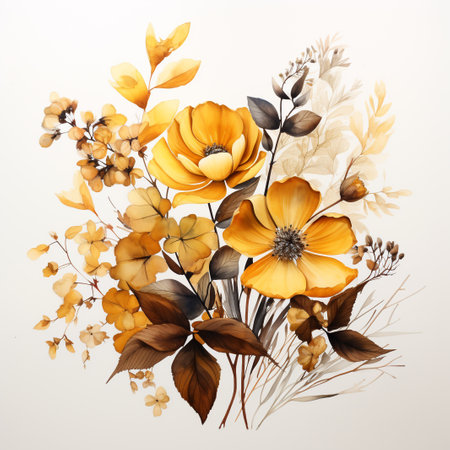 Autumn bouquet of dried flowers and herbs on a white backgroundの素材