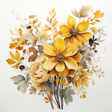 Beautiful autumn bouquet on white background. Flat lay, top viewの素材