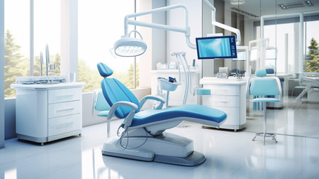 Modern dental office interior with equipment. 3d rendering toned imageの素材