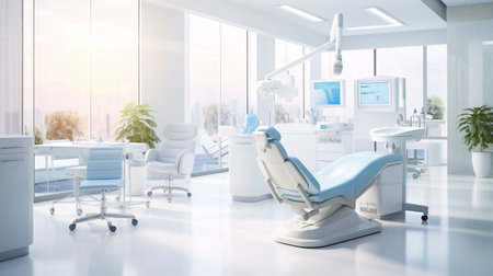 Modern dentist office interior with equipment. 3d rendering toned imageの素材