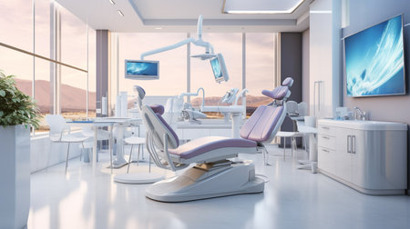 3D rendering of modern dental office with dentist chair and equipment.の素材