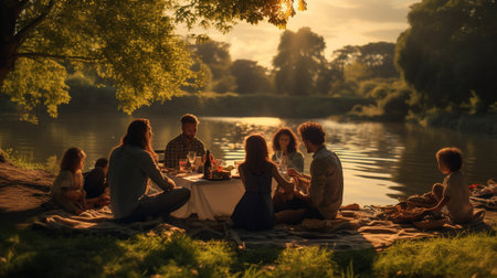 Group of friends having a picnic on the bank of a lake at sunsetの素材