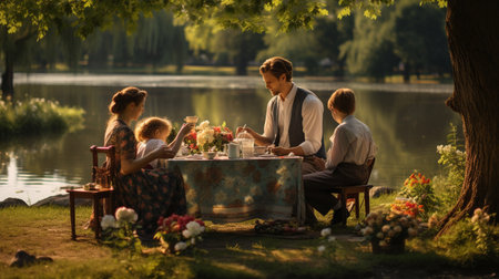 Happy family having picnic in the park on the lake at sunset timeの素材
