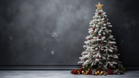 Christmas tree with red and gold decorations in front of a black wallの素材