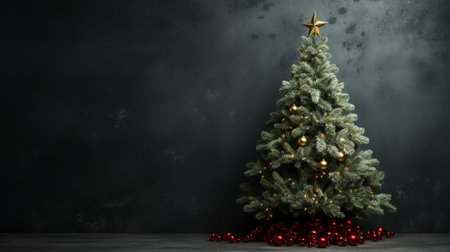 Christmas tree with baubles and decorations on dark background 3D renderingの素材