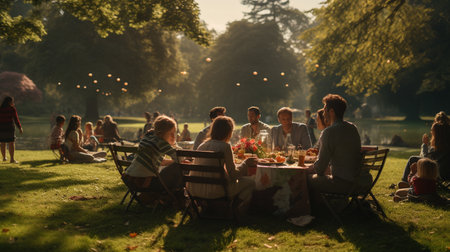 Group of friends having dinner together in the park on a summer eveningの素材