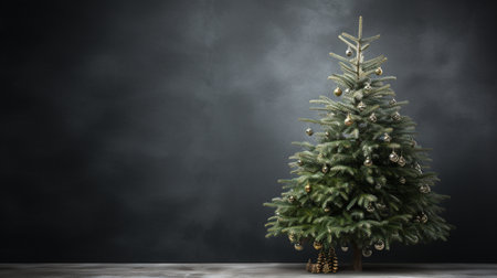 Christmas tree on black background with copy space. 3d illustration.の素材
