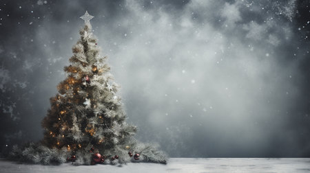Christmas background with a Christmas tree and snowflakes. 3d renderingの素材