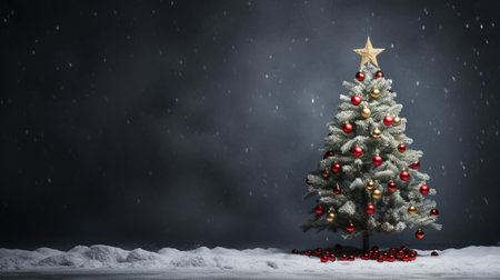 Christmas tree with red baubles and stars, 3D renderingの素材