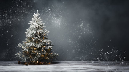 Christmas tree on wooden background with snowflakes and christmas lightsの素材