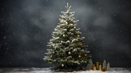 Christmas tree with decorations and gift boxes under snowfall on dark backgroundの素材