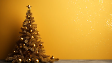 Christmas tree with golden decorations on a yellow background. 3d renderingの素材