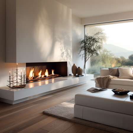 Interior of modern living room with fireplace, sofa and wooden floorの素材