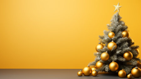 Christmas tree with golden baubles on yellow background. 3D renderingの素材