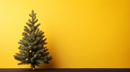 Christmas tree on a yellow background. 3d rendering. Copy space.の素材