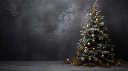 Christmas tree with golden and silver decorations on dark background. 3d renderingの素材