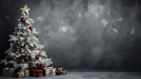 Decorated Christmas tree with presents and snowflakes on dark backgroundの素材