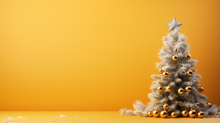 Christmas tree with gold balls and star on yellow background. 3d renderingの素材