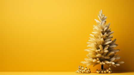 Christmas tree with gold balls on a yellow background. 3d renderingの素材