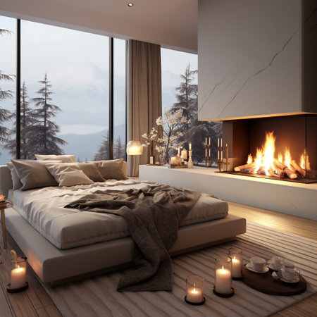 3d rendering of a modern bedroom in a mountain house with a fireplaceの素材