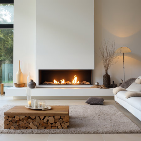 Interior of modern living room with fireplace, white sofa and wooden floorの素材