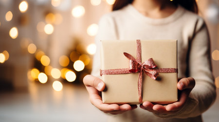 holidays, presents, christmas and people concept - close up of woman hands with gift boxes over lights backgroundの素材