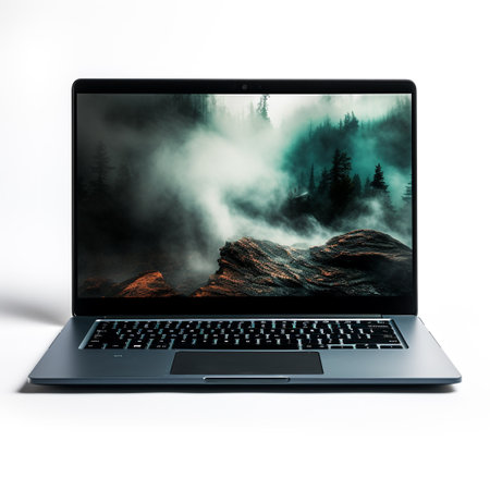 Laptop on white background with forest and fog. 3D rendering.の素材