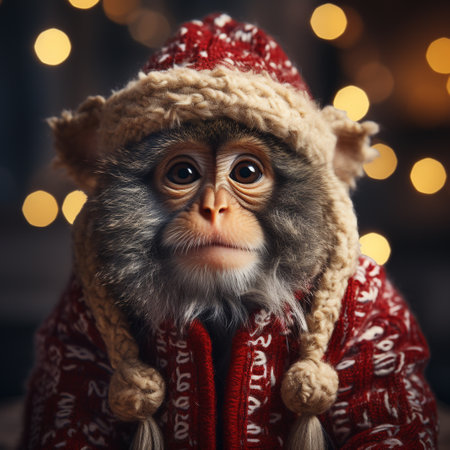 Monkey in a red sweater and hat on a bokeh backgroundの素材