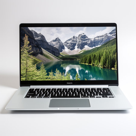 Laptop computer on a white background with a lake in the screenの素材
