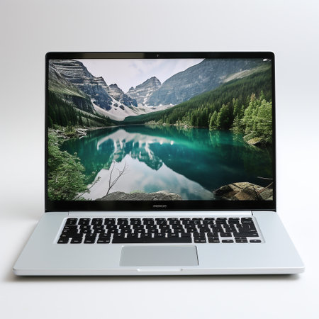 Laptop computer on a white background with a lake in the backgroundの素材
