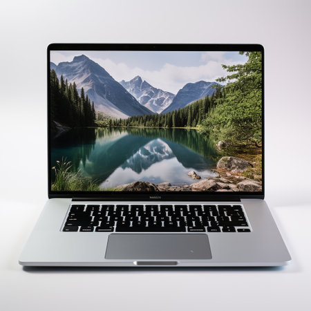 Laptop computer with mountain lake on screen isolated on white background.の素材