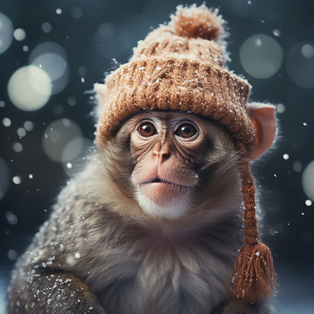 Funny monkey in a warm hat and scarf on a dark background.の素材