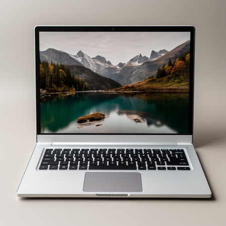 Laptop with a lake on the screen isolated on a white backgroundの素材