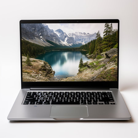 Laptop computer with alpine lake on screen isolated on white backgroundの素材