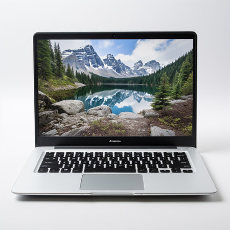 Laptop on white background with a lake and mountains in the backgroundの素材