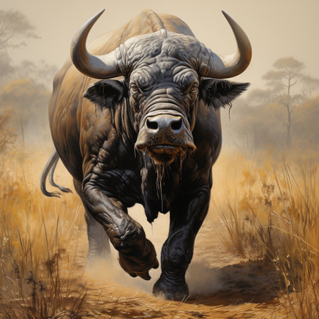 African buffalo in the savannah, digital painting, 3d illustrationの素材