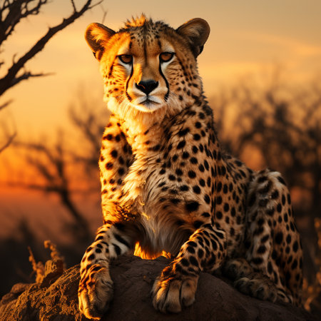 Cheetah sits on a rock in the savannah at sunsetの素材
