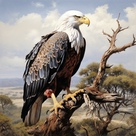 Bald Eagle on a tree in the desert, 3D renderの素材