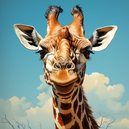 Giraffe head on blue sky background. Digital art painting.の素材