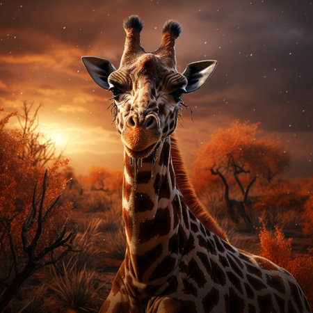 Giraffe in the savannah at sunset, 3D renderの素材